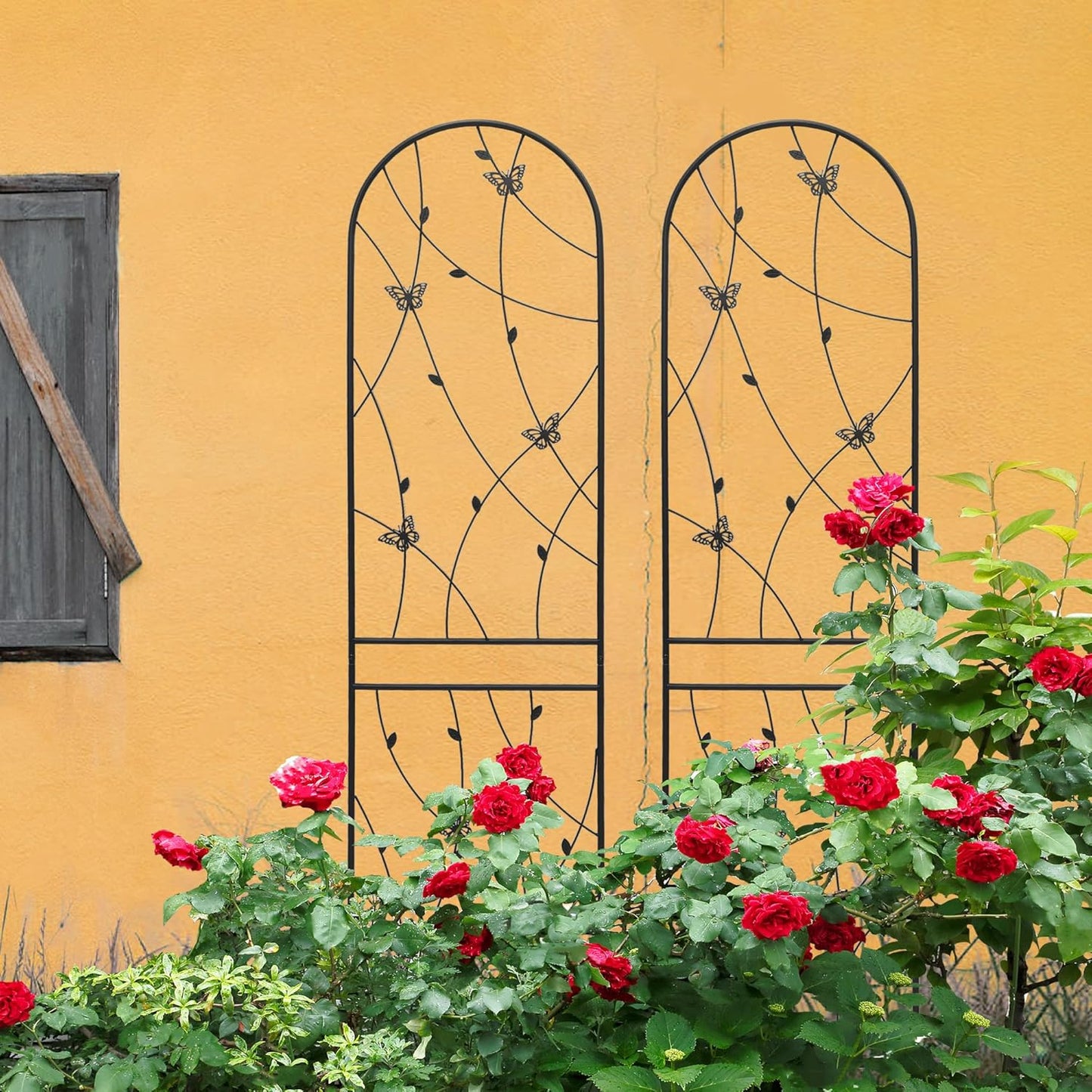 6 Pack Metal Garden Trellis for Climbing Plants, 86.7" Tall Rustproof Outdoor Trellis Panel with Butterfly Design, Decorative Black Iron Plant Support for Vine, Rose, Flower, Garden Wall