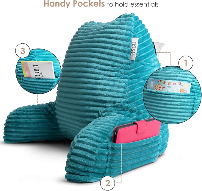 Nestl Reading Pillow with Portable Lap Desk Stand for Laptop 22x14”, Cut Plush Striped Back Pillow, Back Support Pillow, Shredded Memory Foam Bed Rest Pillow with Arms for Kids & Teens, Medium - Teal