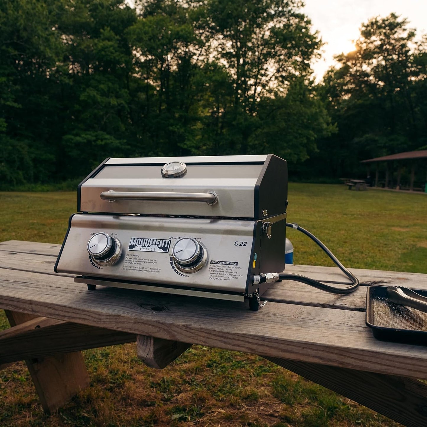 Portable Propane Gas Grill 2-Burner Tabletop Clearview® Monument Grills for Outdoor Camping Cooking, Two 15,000 BTU Burners, Stainless Steel, and Built-in Thermometer