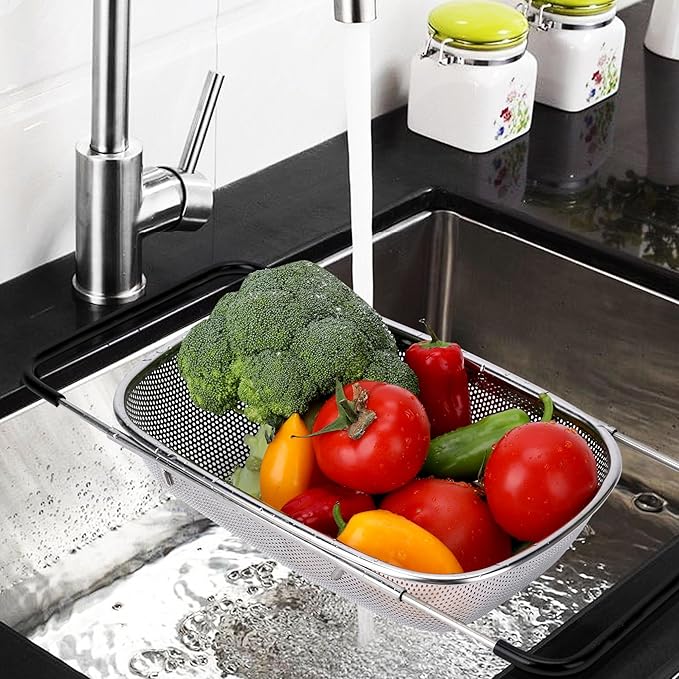 ZDRongZhen Kitchen Accessories Over the Sink Colander Strainer Basket,Stainless Steel Colander with Expandable Rubber Grip Sink Drainer-Rinse Vegetables Fruits &Strain&Drain (Medium-Dense round hole)