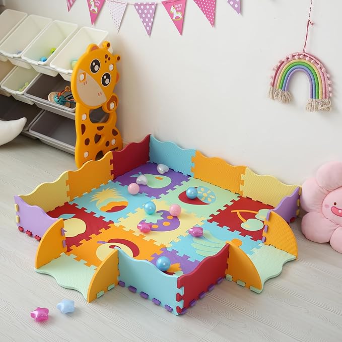 Foam Play Mat for Kids,25Pcs Square Interlocking Puzzle Floor Mat,Baby Play Mat Floor Mat Foam Puzzle Playmat for Toddlers with Fence(Fruit-CSH008