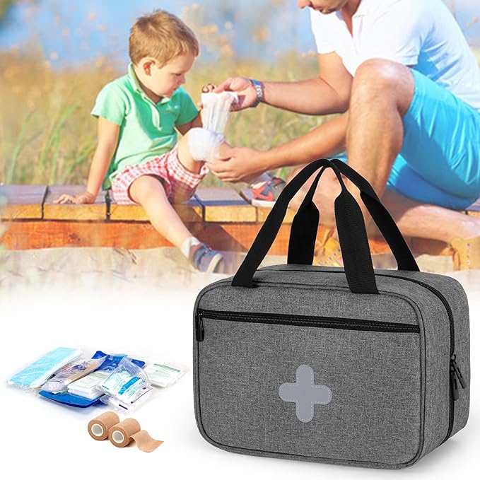 CURMIO Small First Aid Bag, Empty Emergency Trauma Kit Organizer Bag for Hiking, Camping, Car, Travel, Home and Outdoor, Gray, BAG ONLY, Patent Pending