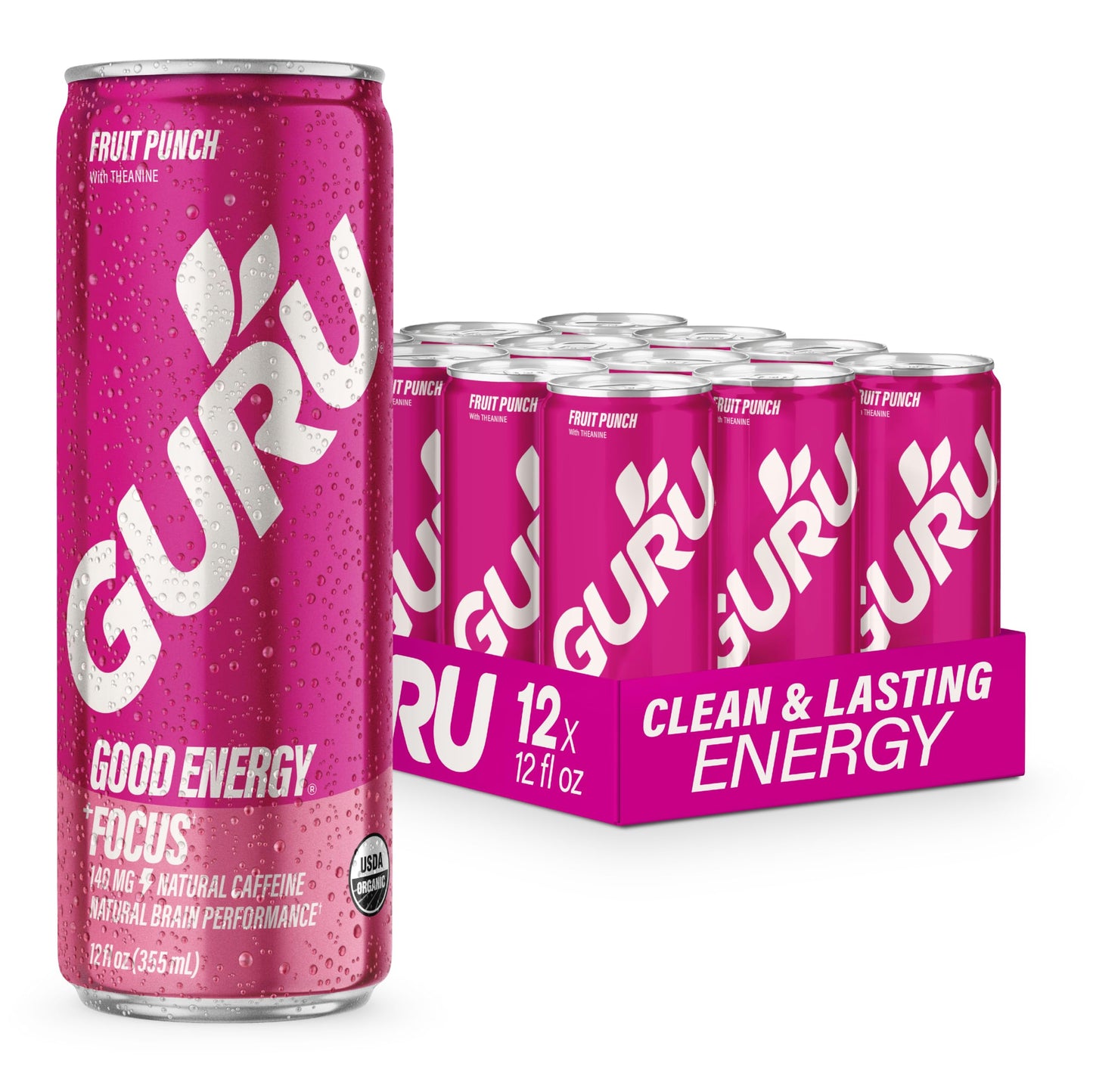 GURU Fruit Punch Organic Energy Drinks Clean Energy Drink with Plant Based Natural Caffeine from Green Tea + Focus with L Theanine Gluten Free and Vegan 140MG Caffeine 12oz (Pack of 12)