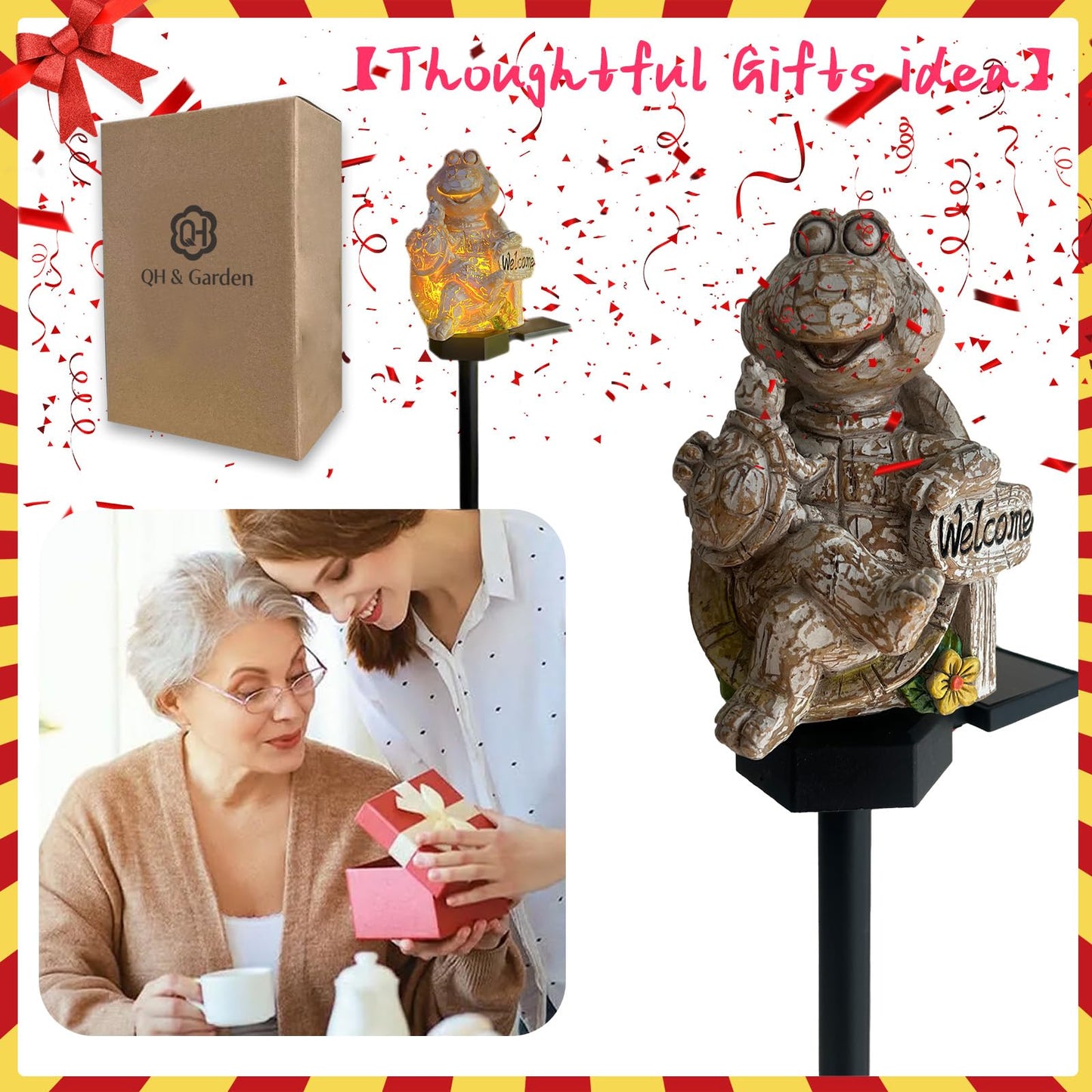 Qh & Garden Solar Turtle Statue Garden Decor Handcrafted Wood Grain discomfort-reducingt Small Turtle Lamp Resin Animals Figurines Outdoor Decorations For Patio Backyard Lawn -Unique Housewarming Gifts