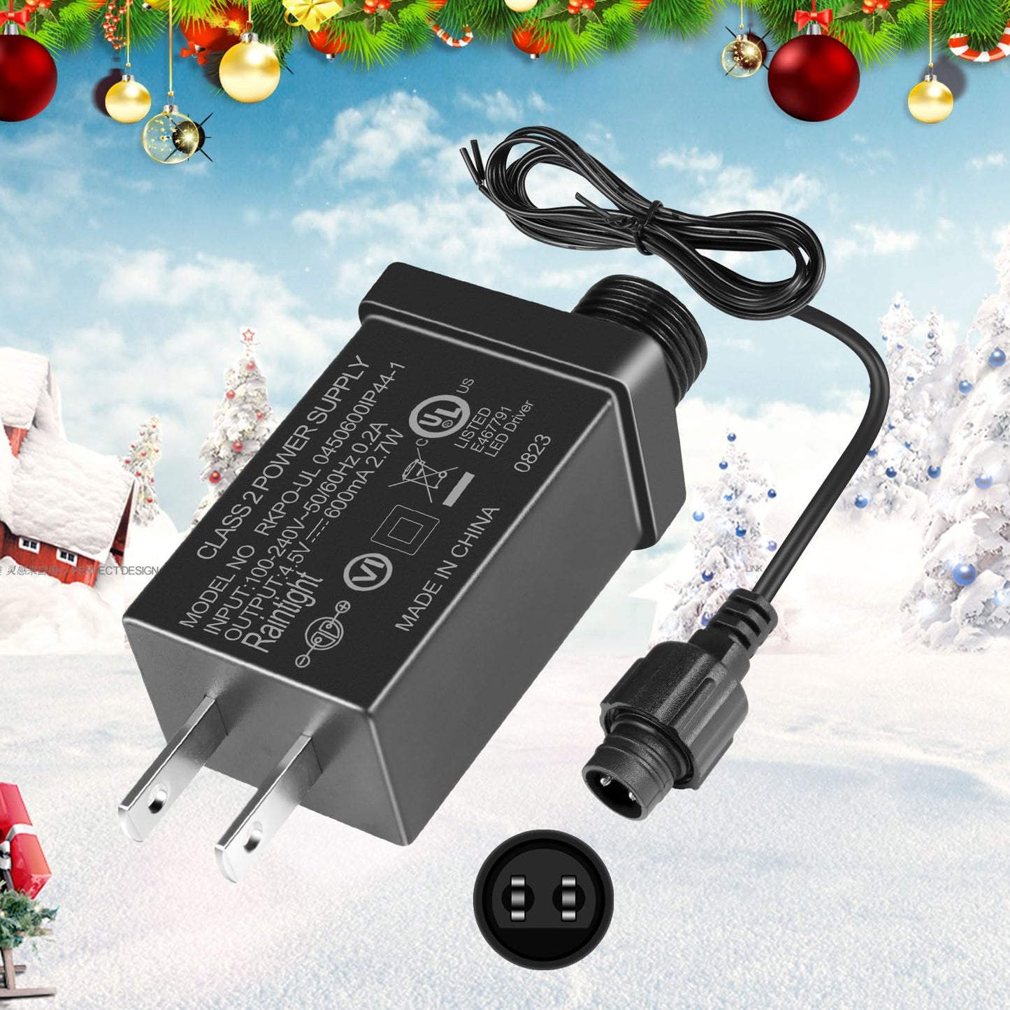 4.5V 0.6A LED Class 2 Power Adapter, 2.7W LED Transformer Replacement for Christmas Tree Light, IP44 AC100-120V Waterproof Power