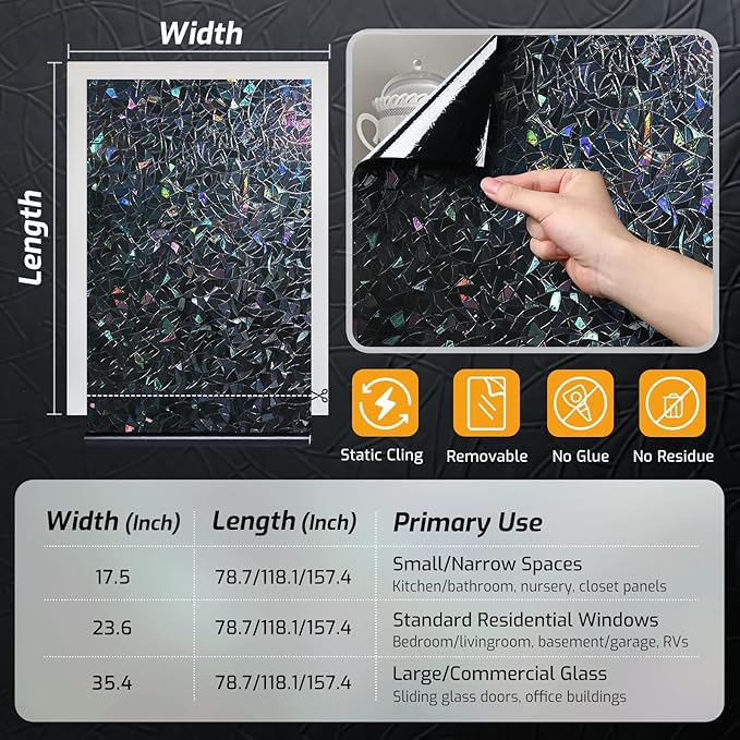 LUTE Black Out Window Film, Sun Light Blocking Window Film for Room Darkening Day Sleep, 100% UV Blocker Stained Glass Blackout Cover, Rainbow Black Out Shades Tint for Home, 35.4" x 118.1"