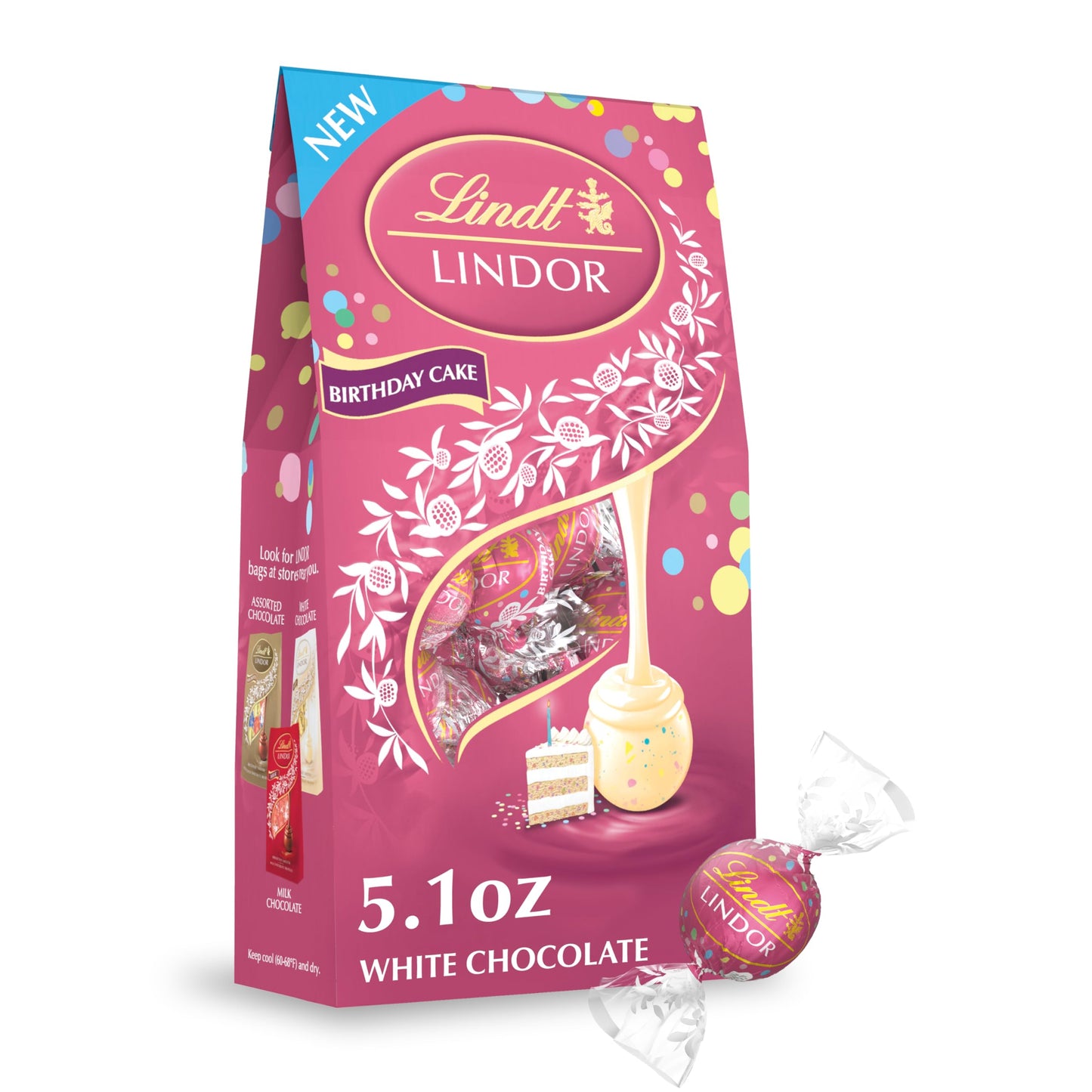 Lindt LINDOR Birthday Cake White Chocolate Truffles White Chocolate Candy with Smooth Melting Truffle Center 5.1 oz. Bag