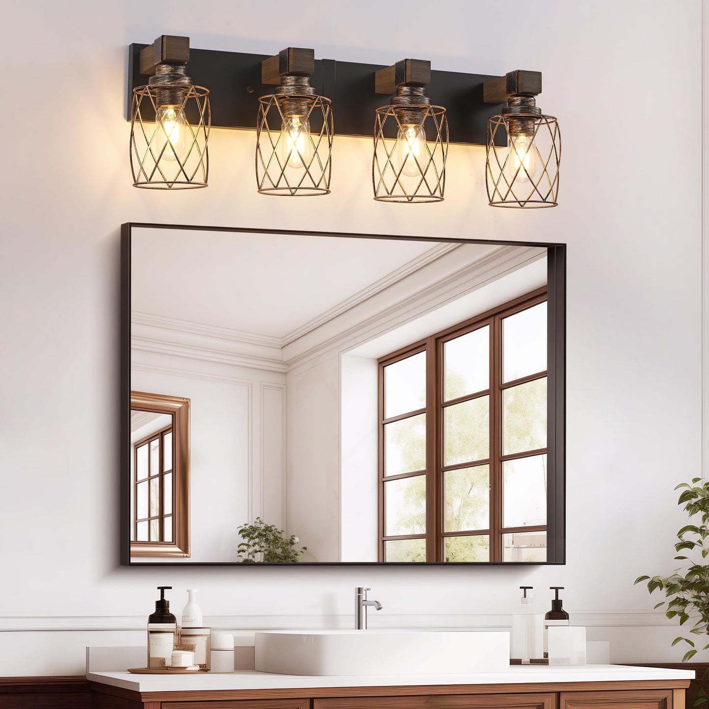 Farmhouse Bathroom Vanity Light 4-Light Wood Bathroom Light Fixtures Over Mirror Black And Gold Industrial Vanity Lights With Metal Shade Rustic Bathrooms Lighting For Living Room Bedroom Hallway