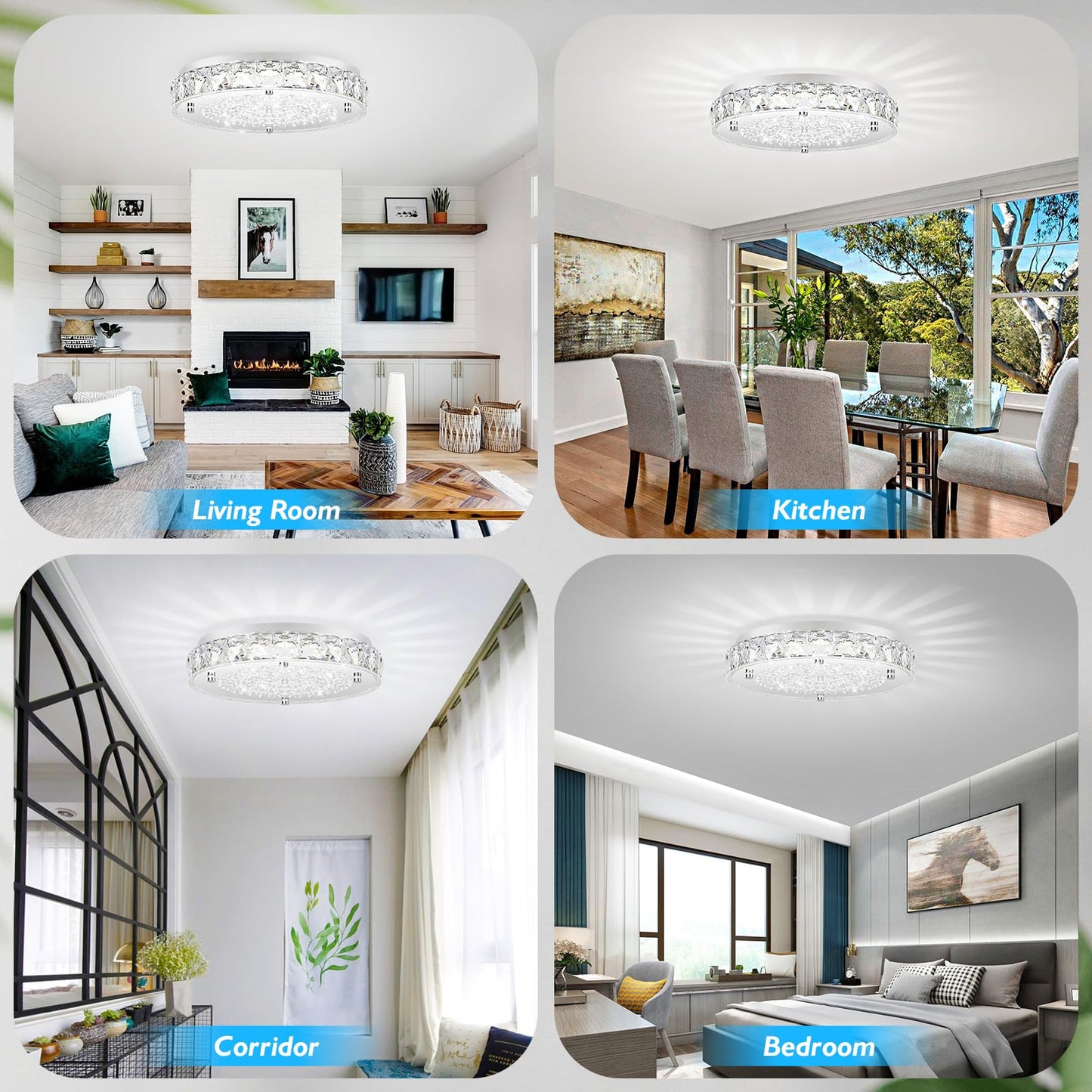 Crystal Flush Mount Ceiling Light Led Chandeliers Light Fixture 19-Inch 5000K Daylight White Super Bright 5000Lm Dimmable Farmhouse Kitchen Lighting Modern Ceiling Lamp For Bedroom Bathroom Nursery