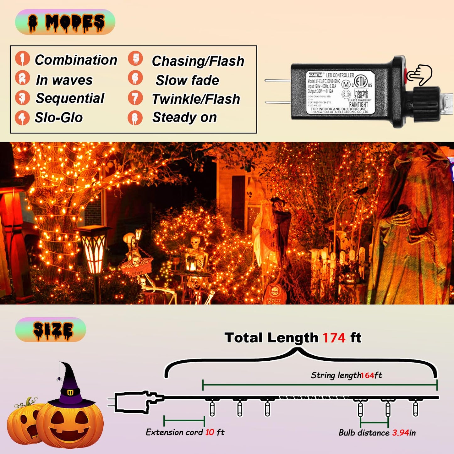 ILLUMINEW Orange String Lights Outdoor, 500 LED, 174Ft, 8 Modes, Copper, Model JT-ELFC300V0120-C
