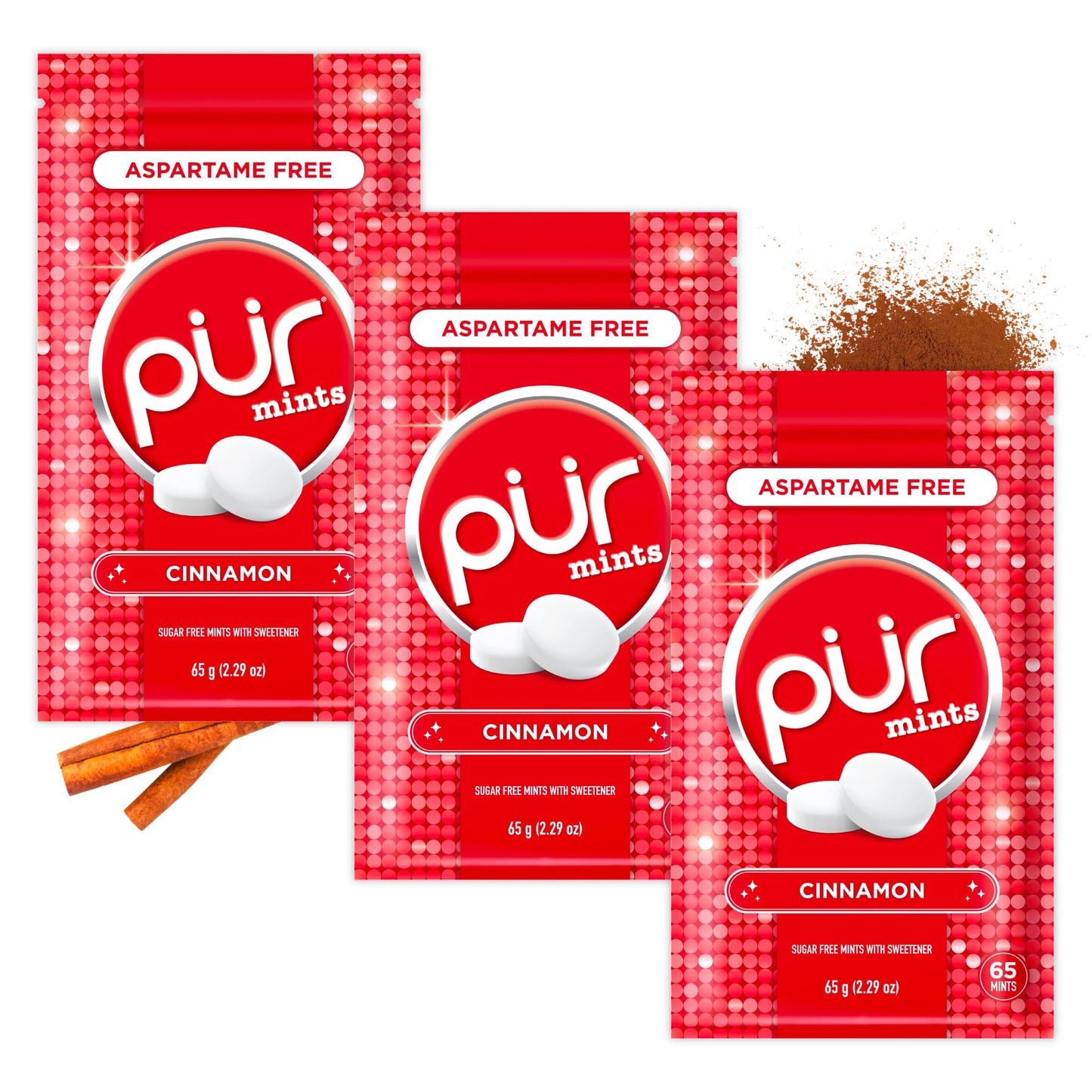 PUR Mints | Aspartame Free Breath Mints | Made with Xylitol | Sugar Free Vegan Gluten Free | Natural Cinnamon Flavor | 65 Pieces in Re-Sealable pouch (Pack of 3)