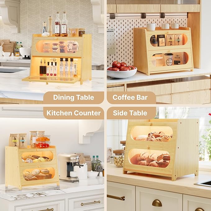 Double Layer Bamboo Bread Box for Kitchen Countertop, Large Capacity with Window Breadbox, Farmhouse Bread Storage Container, Fits Corner, Cabinet, Pantry
