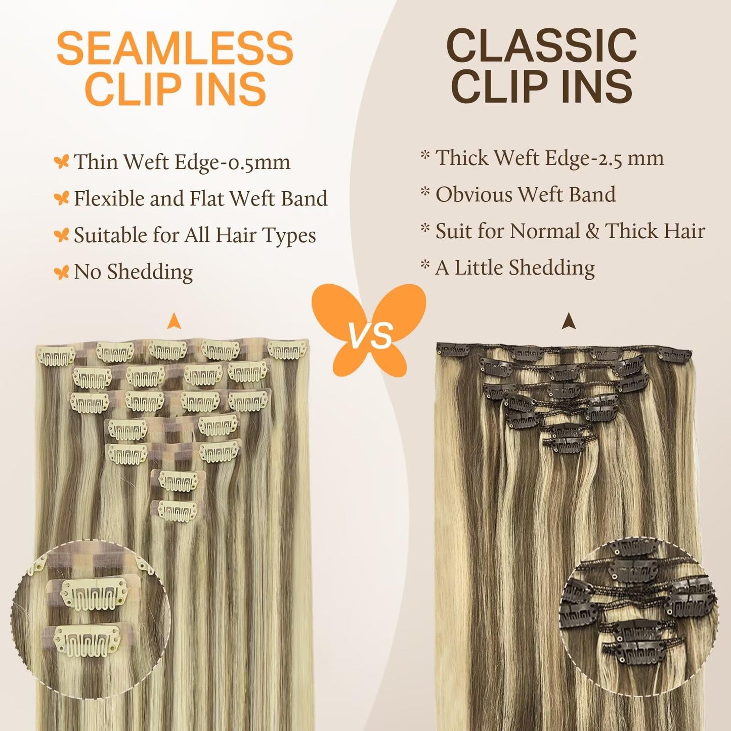 DOORES Clip in Hair Extensions, Light Brown Highlighted Medium Blonde Human Hair Extensions 22 Inch 150g 7pcs, Virgin Hair Exten