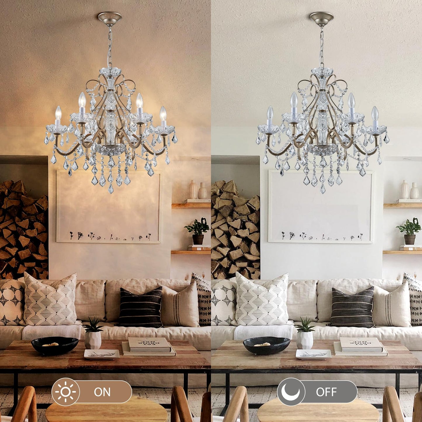 Bestier Antique Silver Candle Chandelier, Crystal Lighting Fixture for Dining Room, 6 E12 Bulbs, D24in x H26in