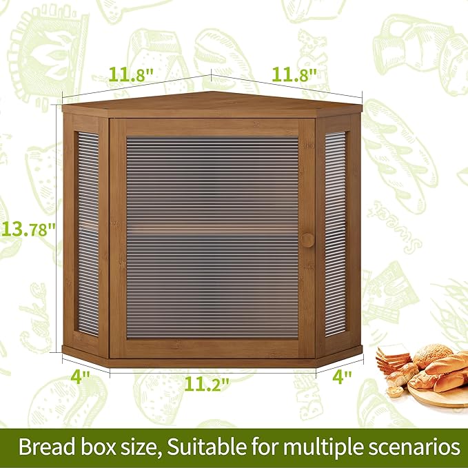 BMOSU Corner Bread Box for Kitchen Countertop Double Layer Bamboo Wooden Bread box Large Capacity Bread Storage Bin(Brown, Medium)