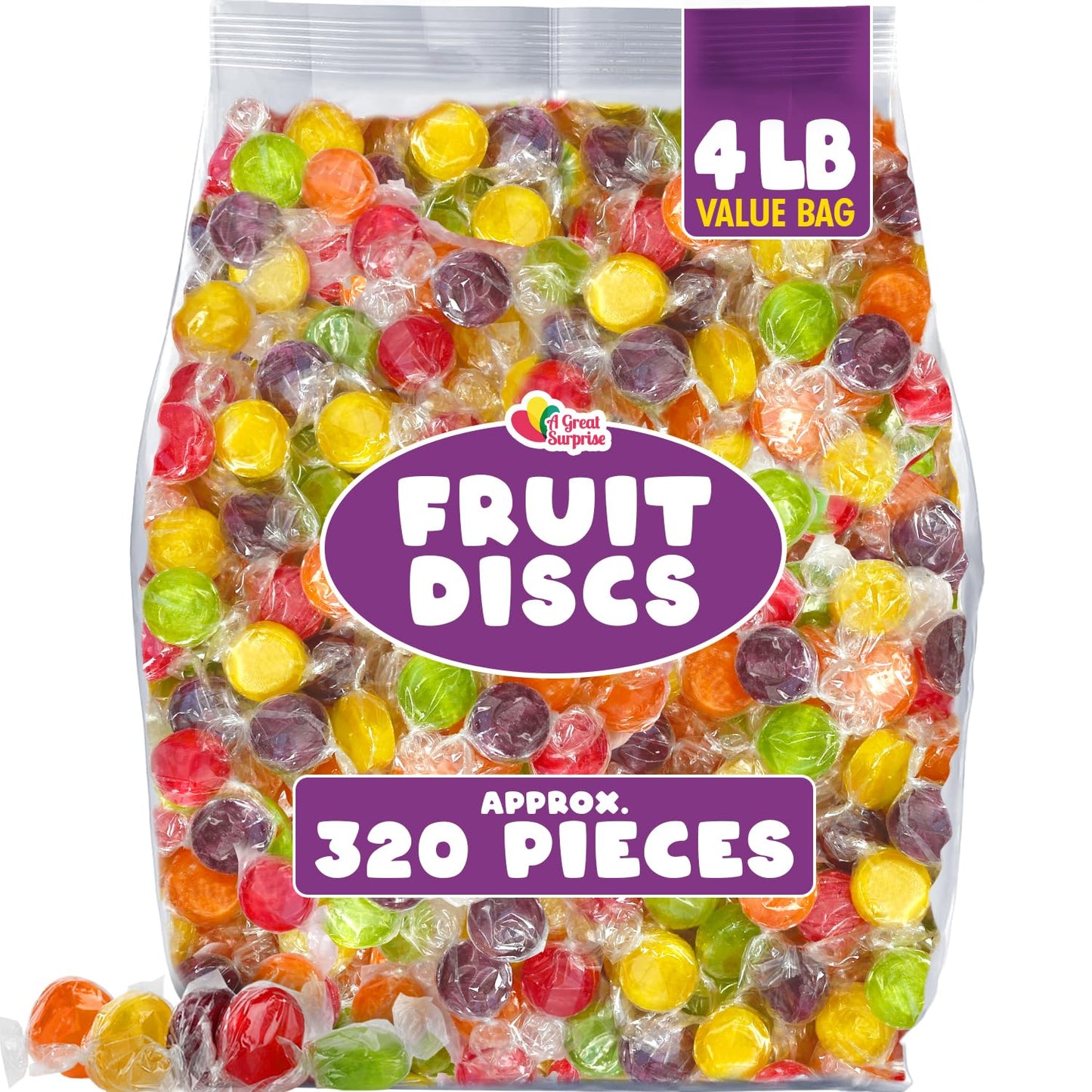 A Great Surprise Assorted Fruit Discs - 5 Pound Bag - Bulk Individually Wrapped Candy - Fruit Flavored Candies (Fruity Hard Cand