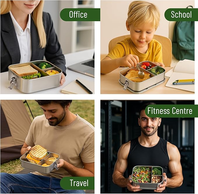 Bento Box for Kids, 1.5L/50oz Stainless Steel Snack Containers with 3 Compartments, Lockable Clip Kids Lunch Box, Eco-Friendly, Leak-proof, Dishwasher-Safe for Home, School, Travel