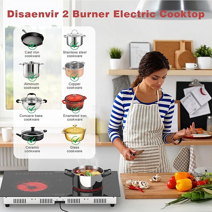 2 Burner Electric Cooktop - 24 Inch Electric Stove Built-in and Countertop, Portable Two Burner Ceramic Cook Top with Child Lock, Timer, Sensor Touch Control, 110V - 120V Plug in