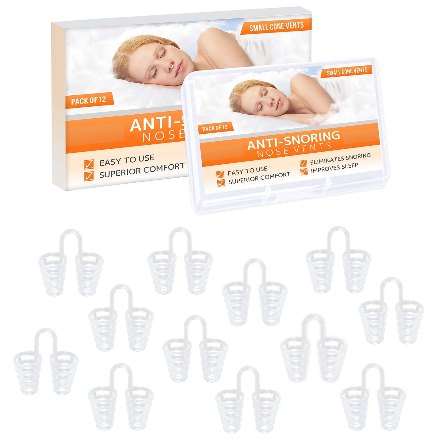 Nose Vent Sinus Relief Dilator (Pack of 12 Small Size) Hard Cone Vents - A Simple Solution for Nasal Snorers - Reusable Snoring Device to enjoy a peaceful night's sleep - by Mobi Lock