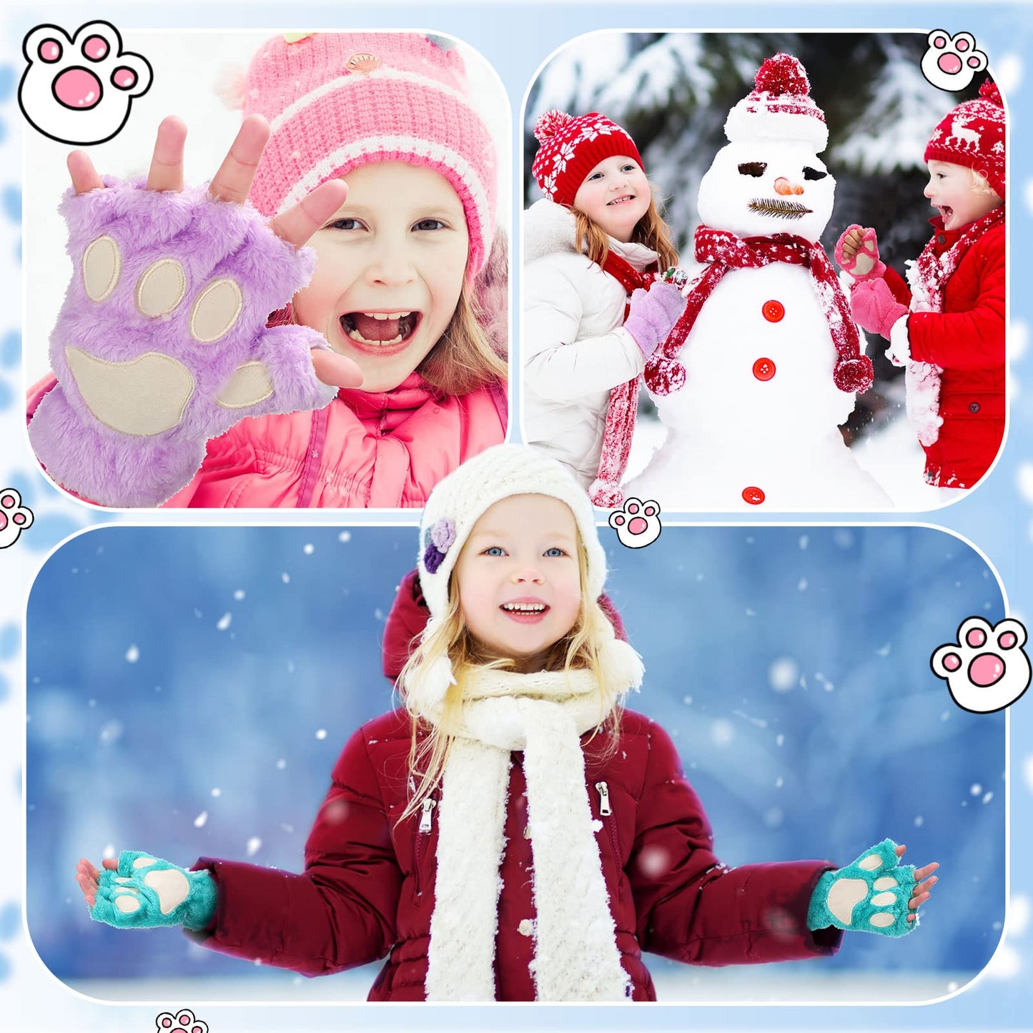 Geyoga 3 Pairs Cat Paw Gloves Kawaii Fur Plush Cat Bear Furry Paws Winter Fingerless Gloves for Girls Women Halloween Cosplay(Rose Red, Purple, Peacock Blue)