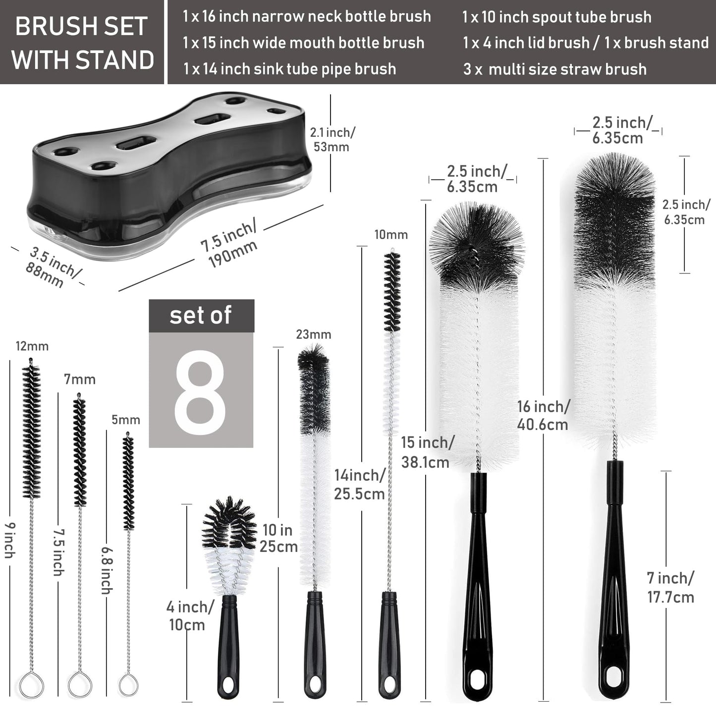 ALINK 8 Pack Black Bottle Brush Cleaning Set with Stand, Long Handle Bottle Cleaner with Holder for Narrow Neck Beer Wine Brewing Bottles, Stanley Water Bottles, Baby Bottles, Tumblers, Carafe, Straws