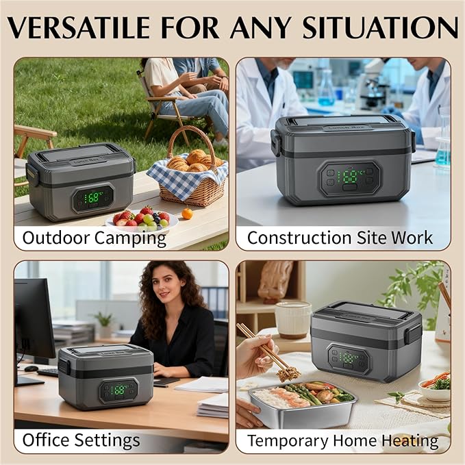 Electric Lunch Box for Adults with Timer - 1.6L Cordless Electric 24000mAh Battery-Powered Heated,5-Sided Heating & Smart Reservation - Portable Heated Lunch Box for Office, Truck, Camping
