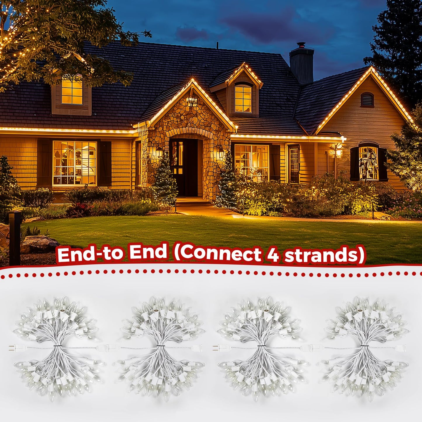Brightown C9 Bulb String Lights for Outdoor, 25FT Warm White Clear Glass, Model GYPI-O257AU, Clear White Wire