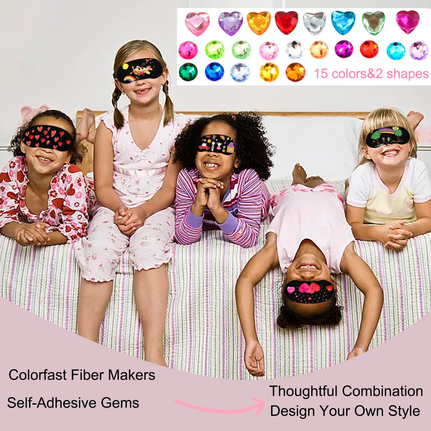 22 PCS Sleepover Party Supplies, 12 PCS Sleep Eye Masks Blindfold Slumber Eye Covering with 2 Sheets Self-Adhesive Heart Rhinestones Gems&8 PCS Fabric Marker Pens, Black