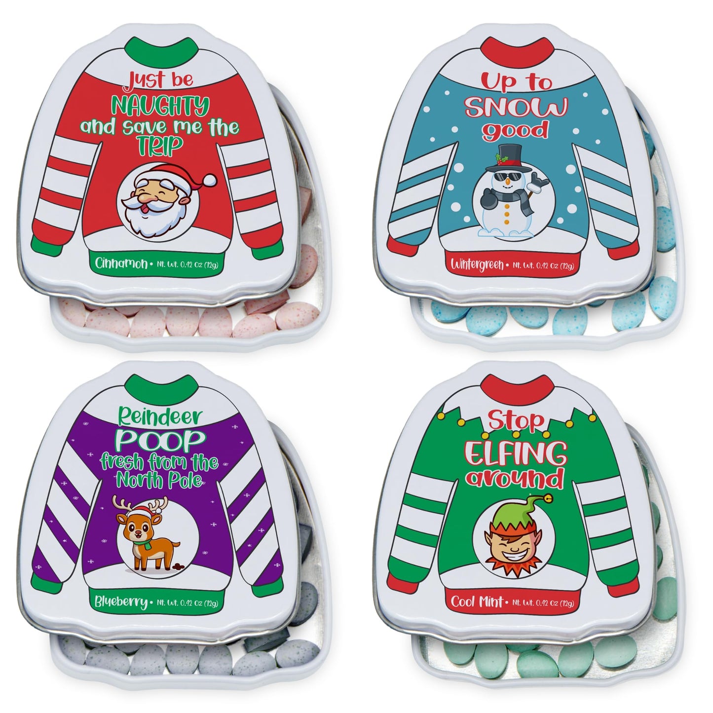 4Es Novelty Humorous Christmas Poop Candy Breath Mint Tins 4 Pack Ugly Sweater Tins Funny Christmas Candy Stocking Stuffer for Kids Teens mature-themeds Boys Girls Unique Funny Gag Gift White Elephant Gift Exchange for Men Women