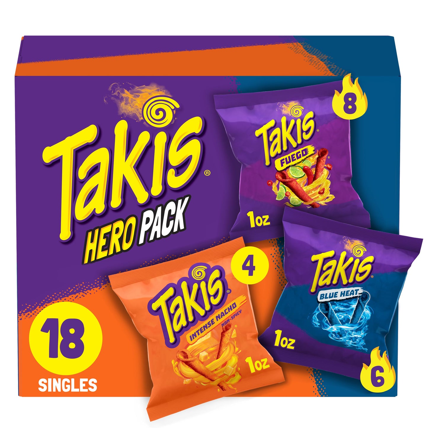 Takis 18 pc / 1 oz Hero Variety Pack Assorted Flavored Mixed Rolled Tortilla Chips - (8) Fuego 1 oz (6) Blue Heat 1 oz (4) Intense Nacho 1 oz
