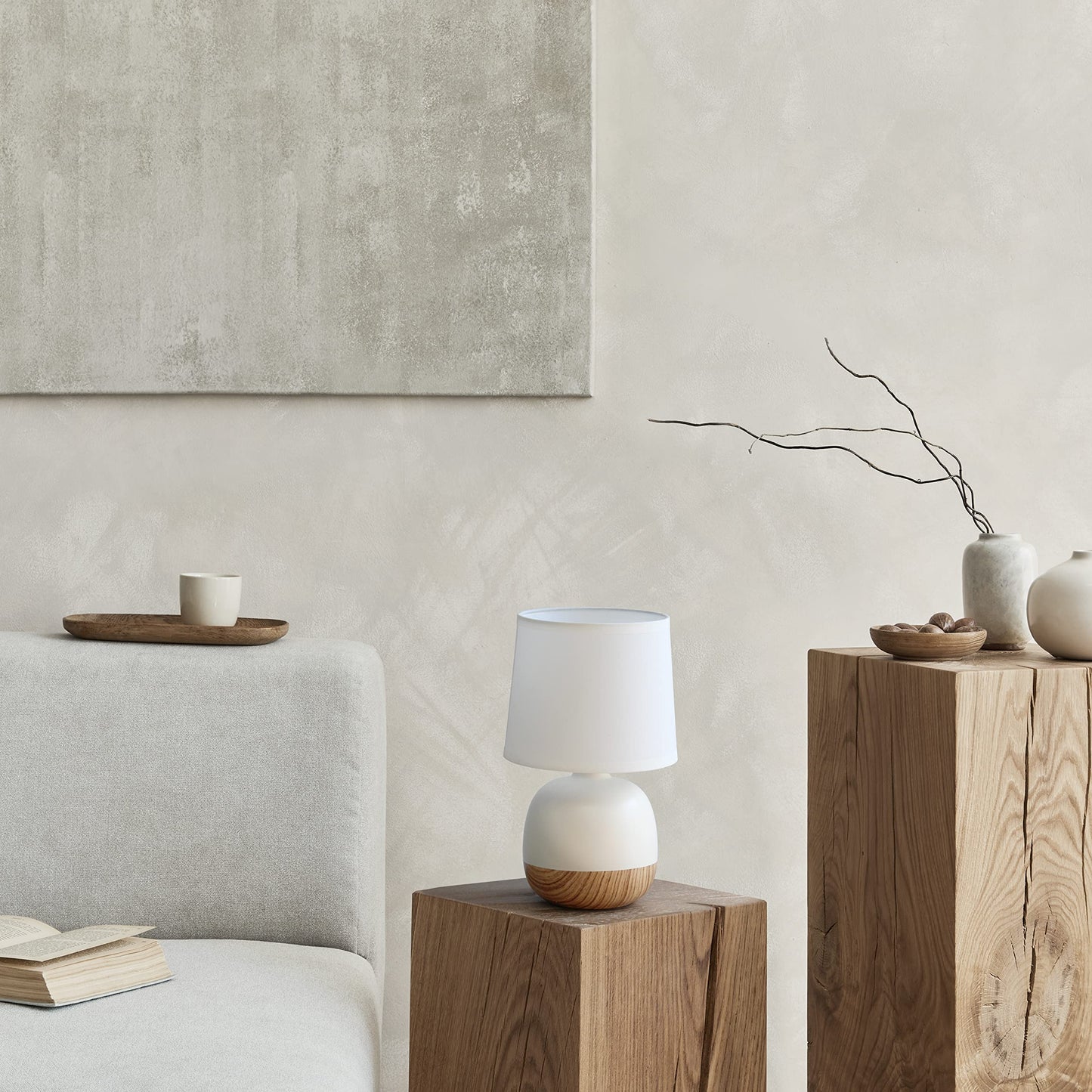 Simple Designs LT2078-LWW Petite Table Lamp, Ceramic, Light Wood/Off White, 7inL x 7inW x 12inH