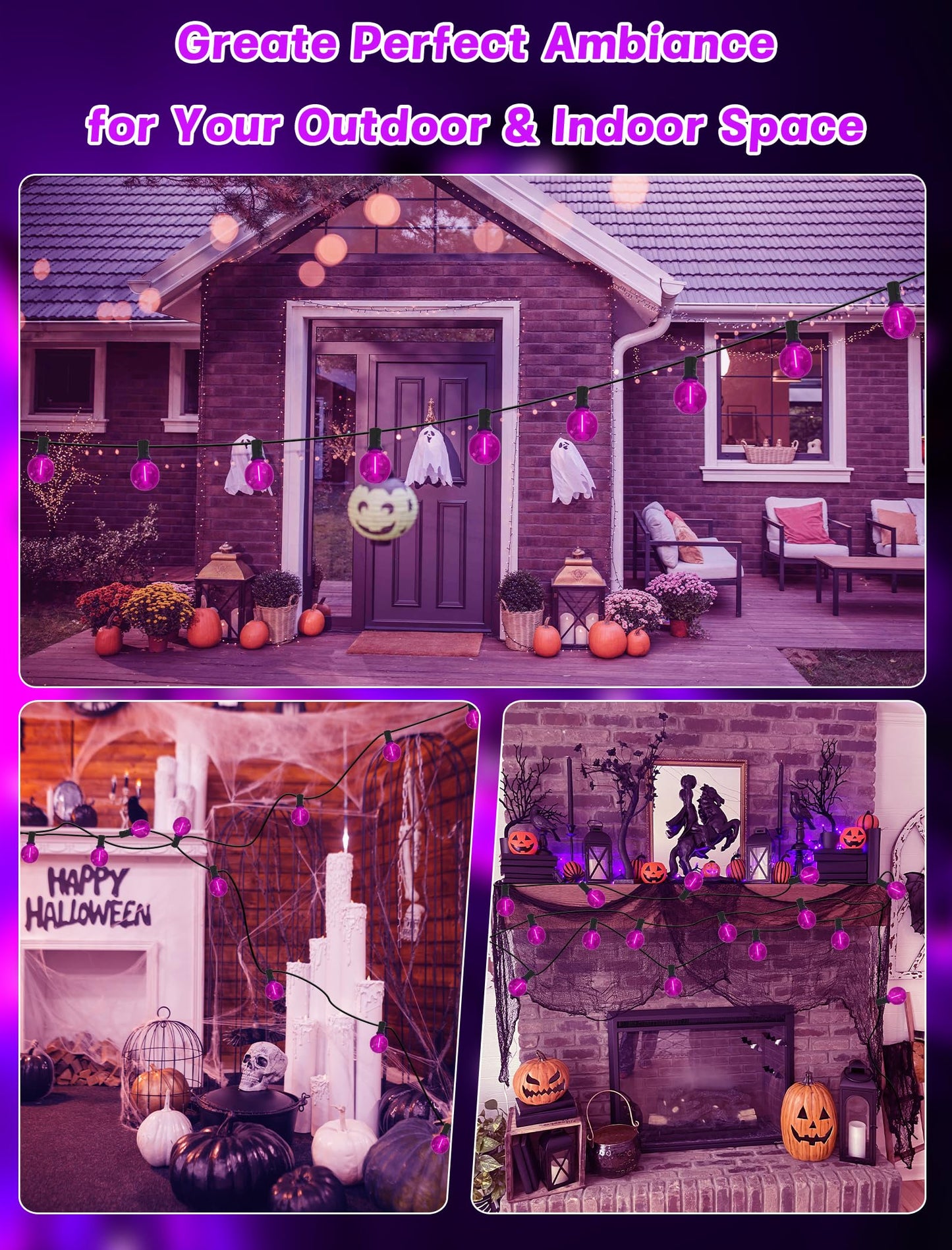 Sunsgne G40 Led Purple Lights Outdoor 25 Feet Halloween Purple String Lights With 25 Count Bulbs For Halloween Thanksgiving Indoor Outdoor Party Festival Haunted House Decor