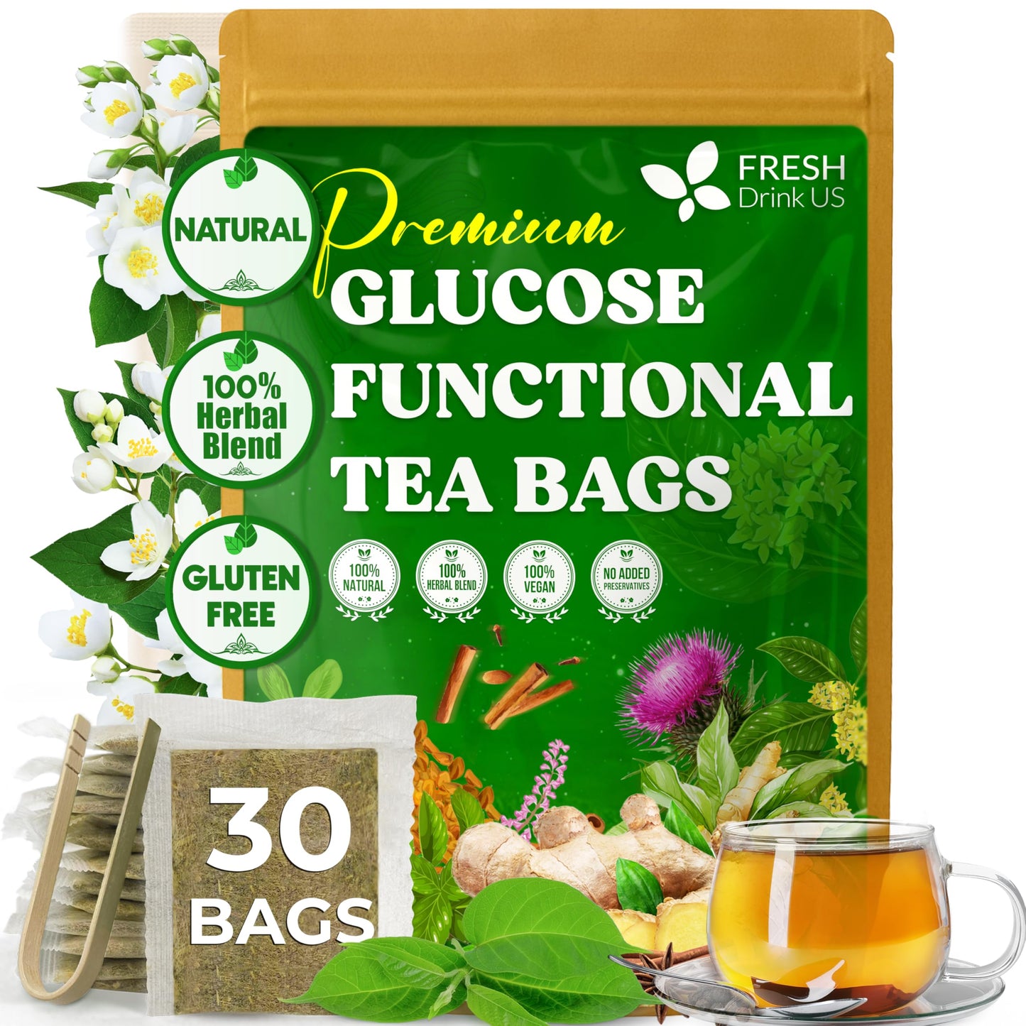 FreshDrinkUS enhanced 30 Tea Bags Glucose Functional Tea - Herbal Blend with Gymnema Cinnamon Bitter Melon Tulsi & More -- Caffeine-Free. Sugar-Free. Gluten-Free. Vegan
