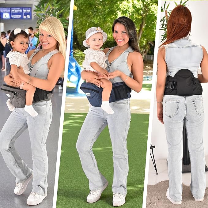 Baby Carrier with Hip Seat - with Lumbar & Back Support – Adjustable Waistband with Strong Support - Health Certified, Machine Washable, Fits Medium–Large (Black) (Grey)