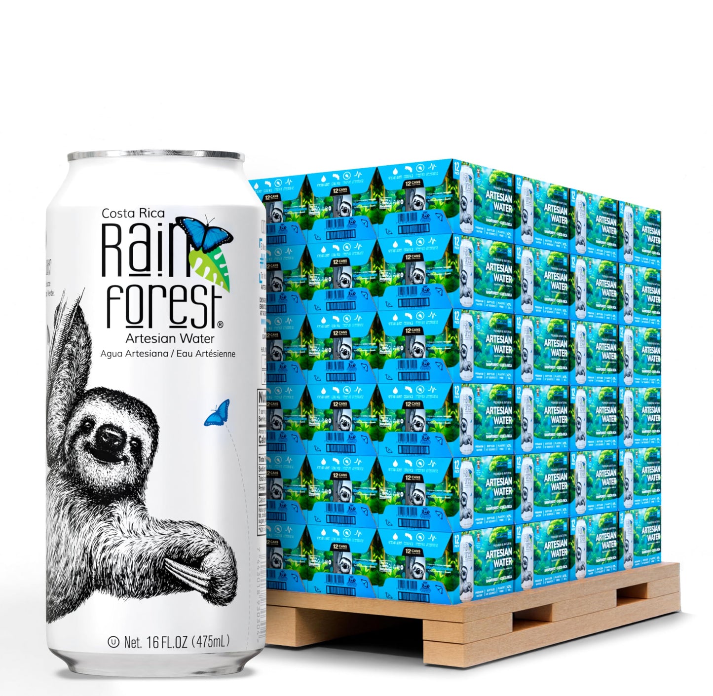 Rainforest Artesian Water Costa Rica Pallet of 114 boxes - 1 368 Water Cans (475 mL / 16 oz Each) | Eco-Friendly & Sustainable Aluminum Packaging