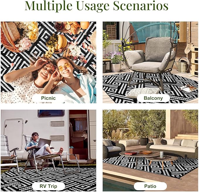 OPPODREAM Outdoor Rug 8x10 Patio Waterproof, Large Outdoor Plastic Straw Rug, Reversible Out Door Carpet for Camping, Deck, Rv, 8 x 10 Area Carpet for Balcony, Porch, Backyard, Black and White