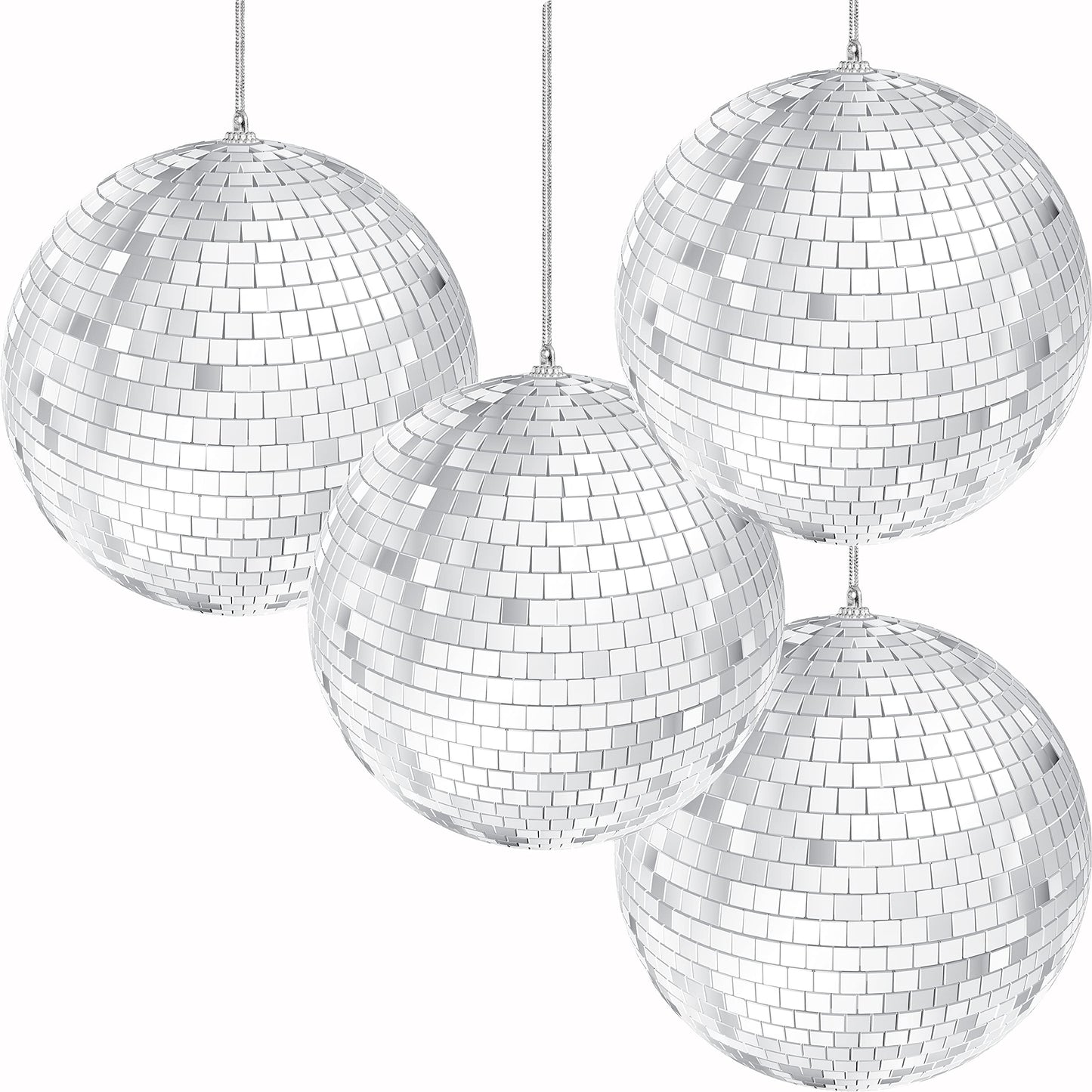 The Dreidel Company Mirror Disco Ball 4 Inch 4-Pack, Silver Hanging Ball with Attached String for Ring, Reflects Light, Fun Part