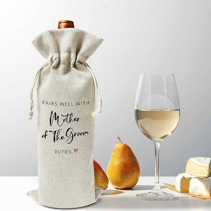 Mother of the Groom Wine Gift Bags - for Wedding, Engagement - Reusable Burlap With Drawstring Gift Bag (5.5"x 13.5")-1 Pcs/jiu030
