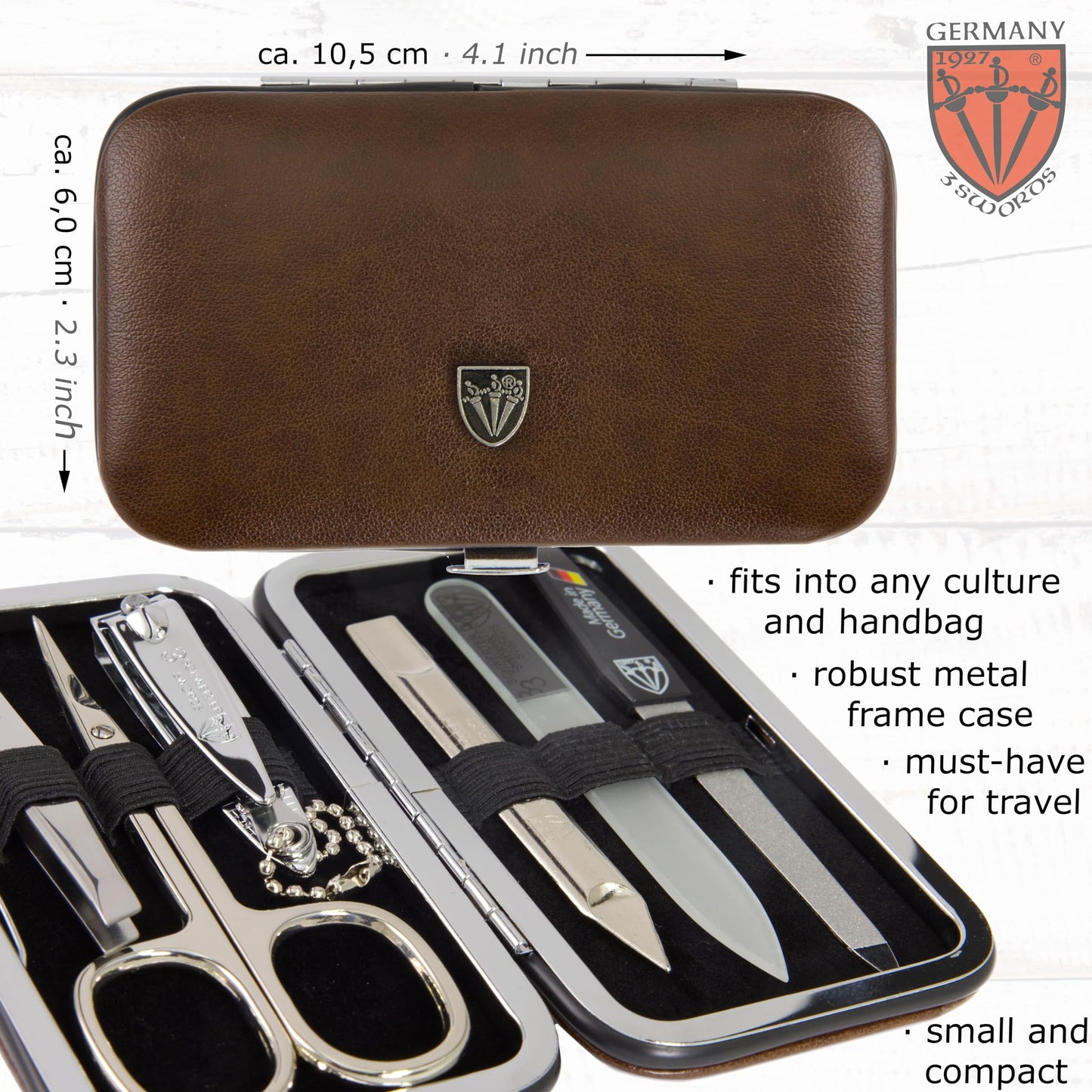 3 Swords Germany - Brand Quality 6 Piece Manicure Pedicure Grooming kit Set - Scissors, Metal and Glass Nail File, Clipper, Twee