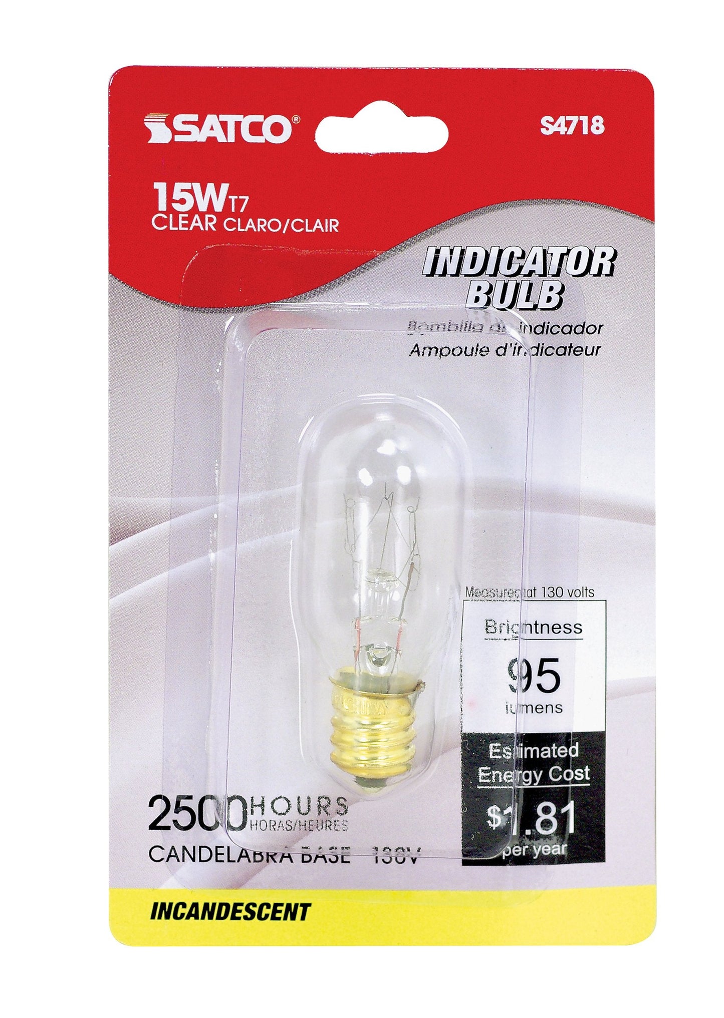 Satco S4718 15-Watt T7 Candelabra Base Light Bulb, Clear Glass, Pack Of 1