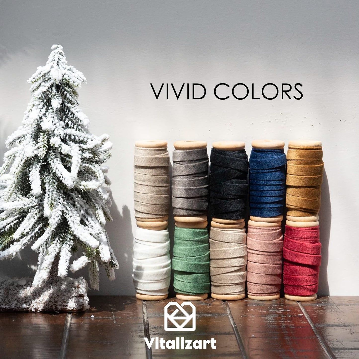 Vitalizart Black Velvet Ribbon Set 3/8" x 15 Yd Wooden Spool Fabric Trim 3 Rolls * 5 Yd for Christmas Wreath Decoration Handmade Craft Ornaments Gift Wrapping & Bow Making