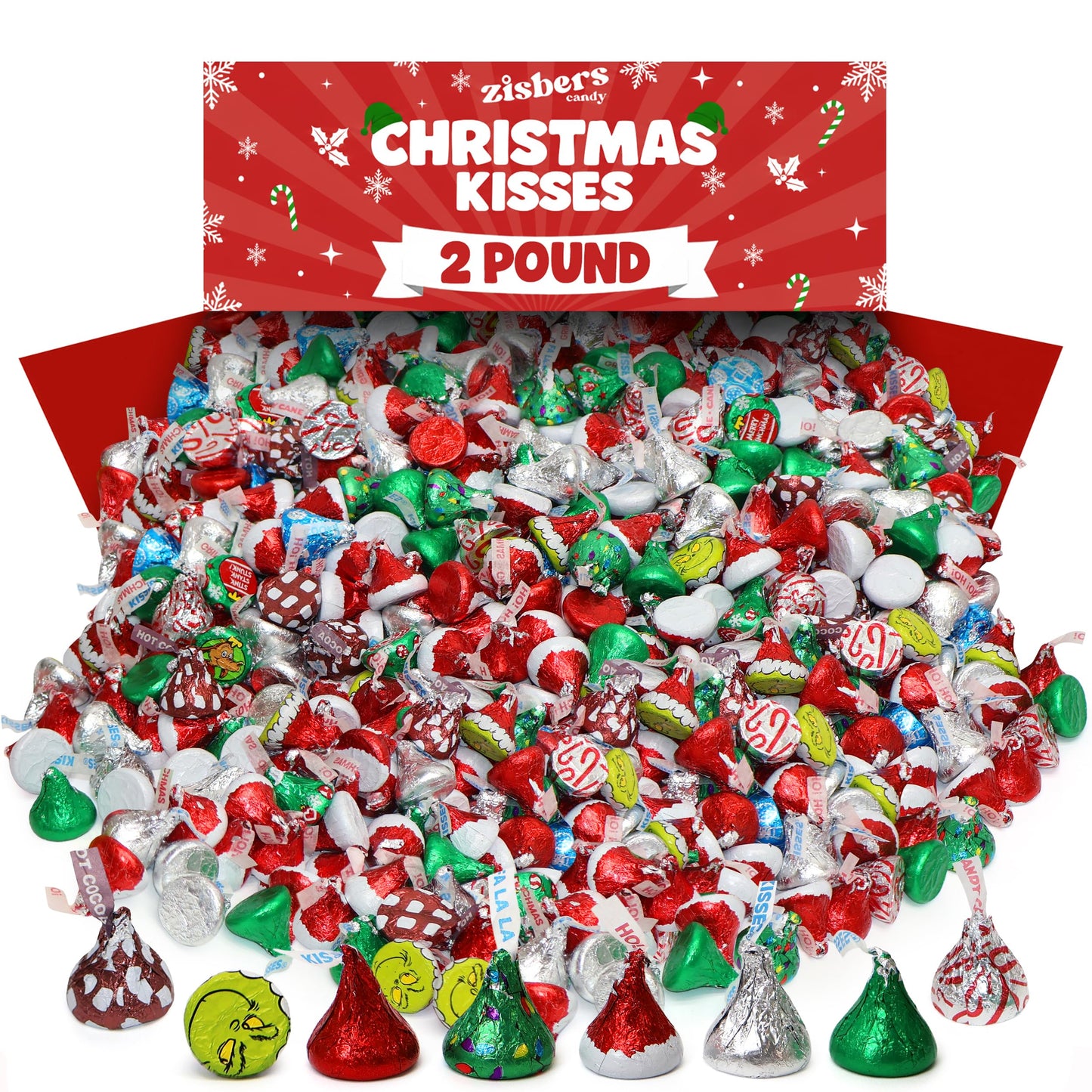 Bulk Christmas Chocolate Kisses Mix - 2 Pound Assortment Candy Cane Hot Cocoa & Milk Chocolate Individually Wrapped Holiday Chocolate Candy For Gifts Stocking Stuffers Decoration & Parties