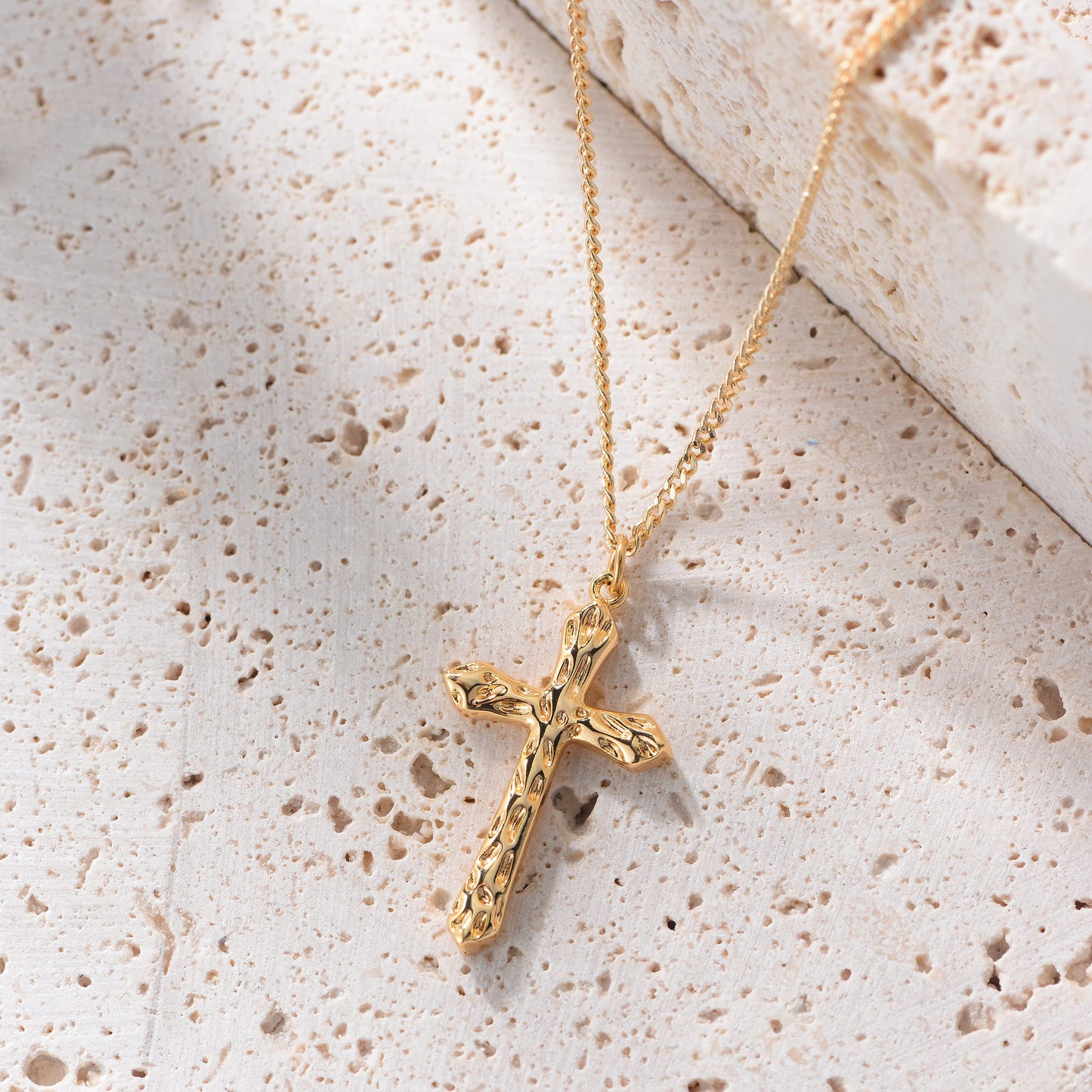 Fettero 14K Gold Plated Cross Necklace, Hammered Cross Faith Pendant Dainty Chain Simple Tiny Jewelry Gift for Women
