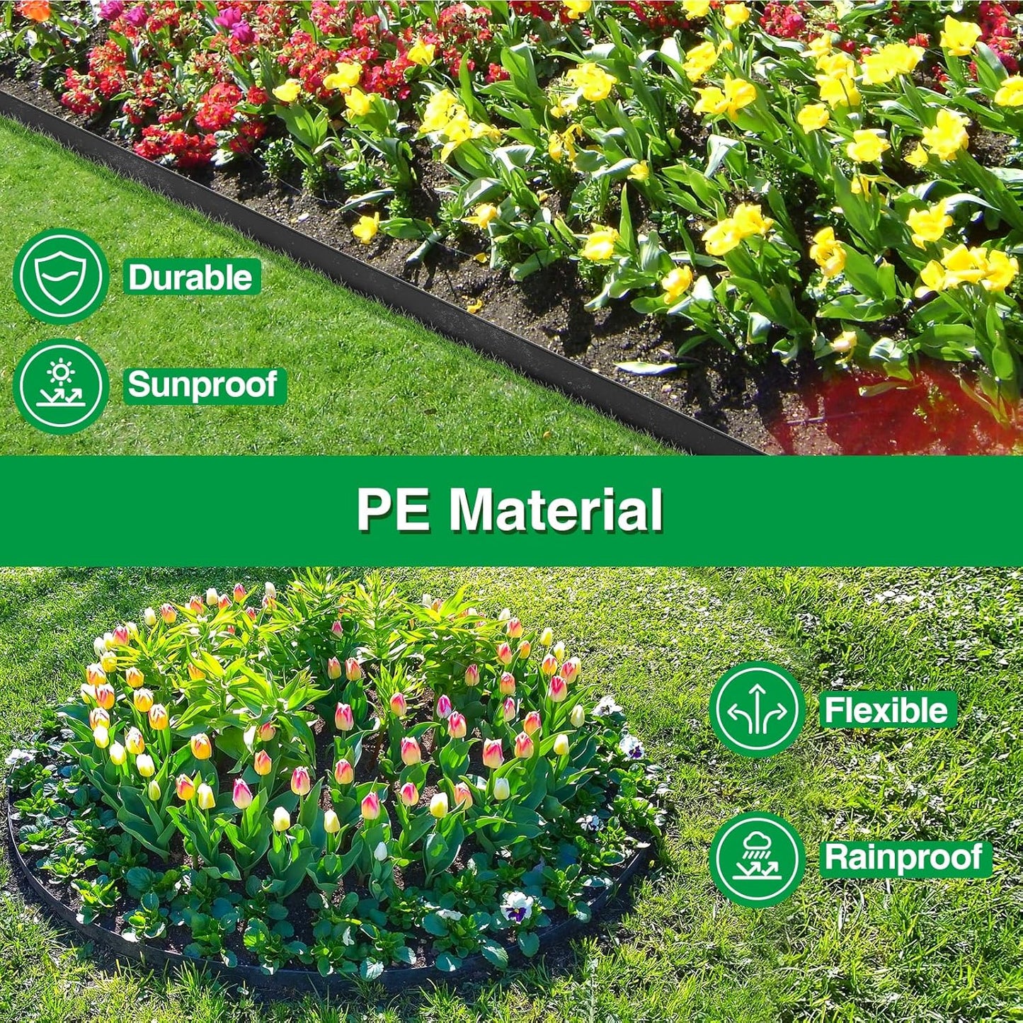 Bonviee 1.5β x 100β Landscape Edging Kit, Garden Edging Coil with 150 Pcs Spikes, No Dig Lawn Border Design