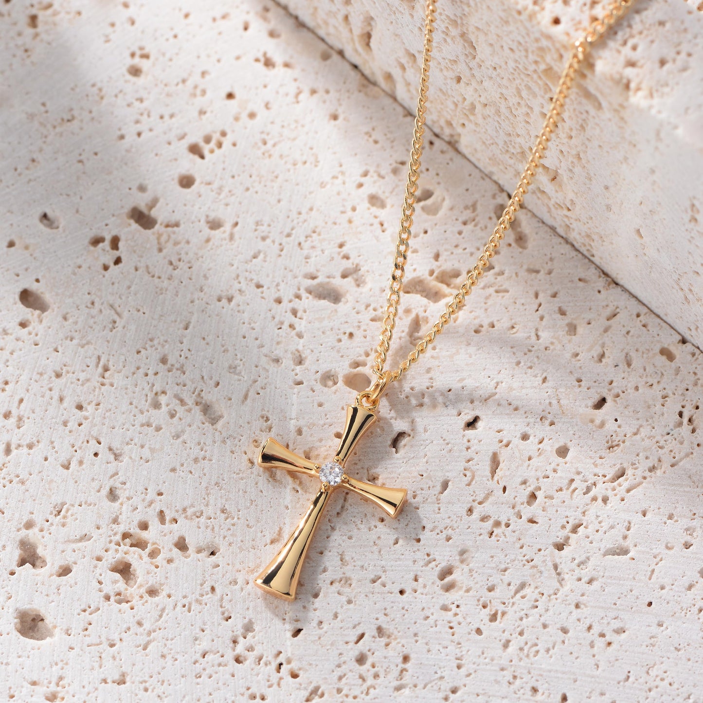 Fettero 14K Gold Plated Cross Necklace, Cross Faith Blank Curve Pendant Dainty Chain Simple Tiny Jewelry Gift for Women