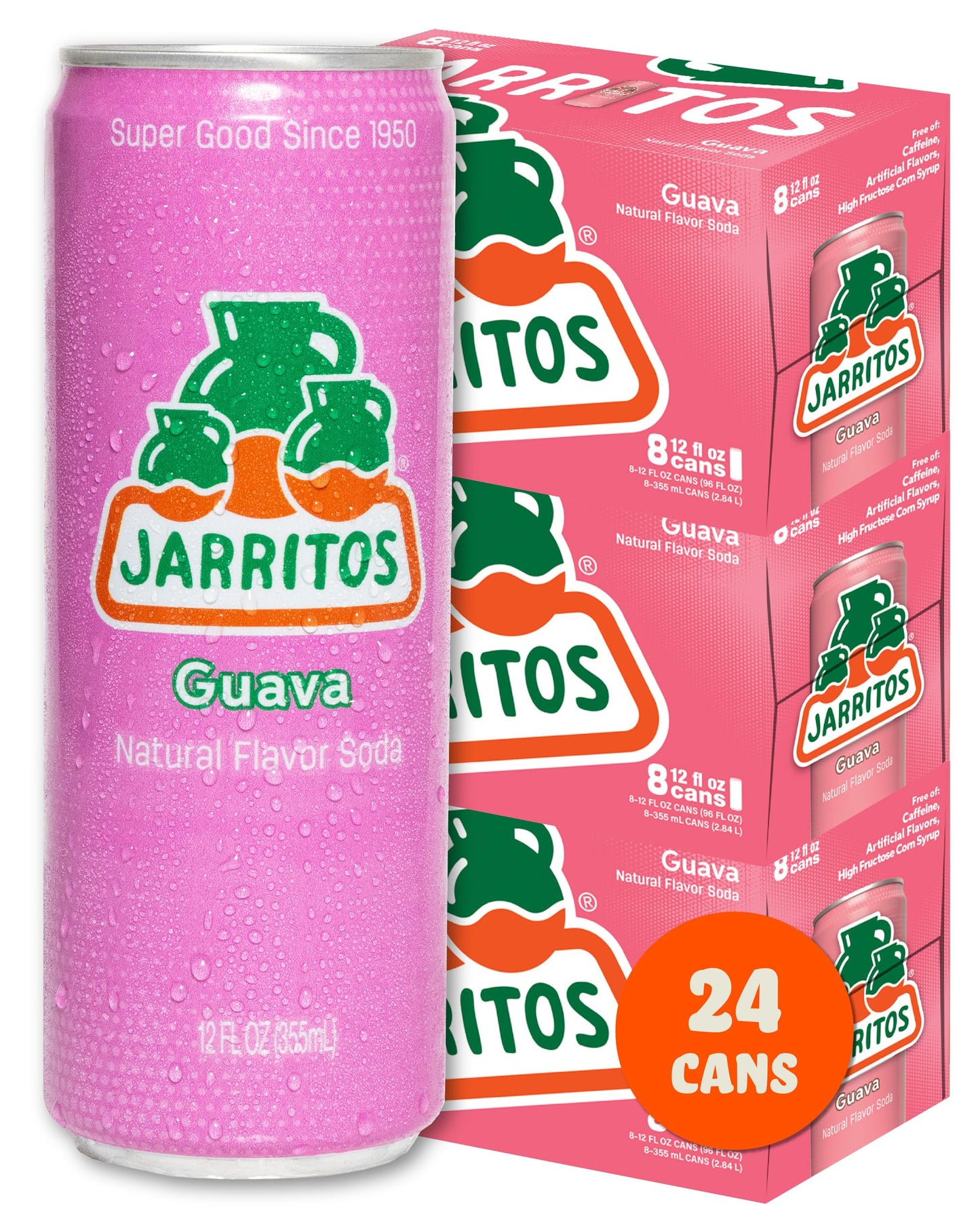Jarritos - Mexican Soda Soft Drinks Guava (12 oz 355ml) 24 Cans (3 Boxes of 8) - Made with Real Cane Sugar - 0g Fat - Made in Mexico - Natural Flavor Soda Pop - Party & BBQ Beverages