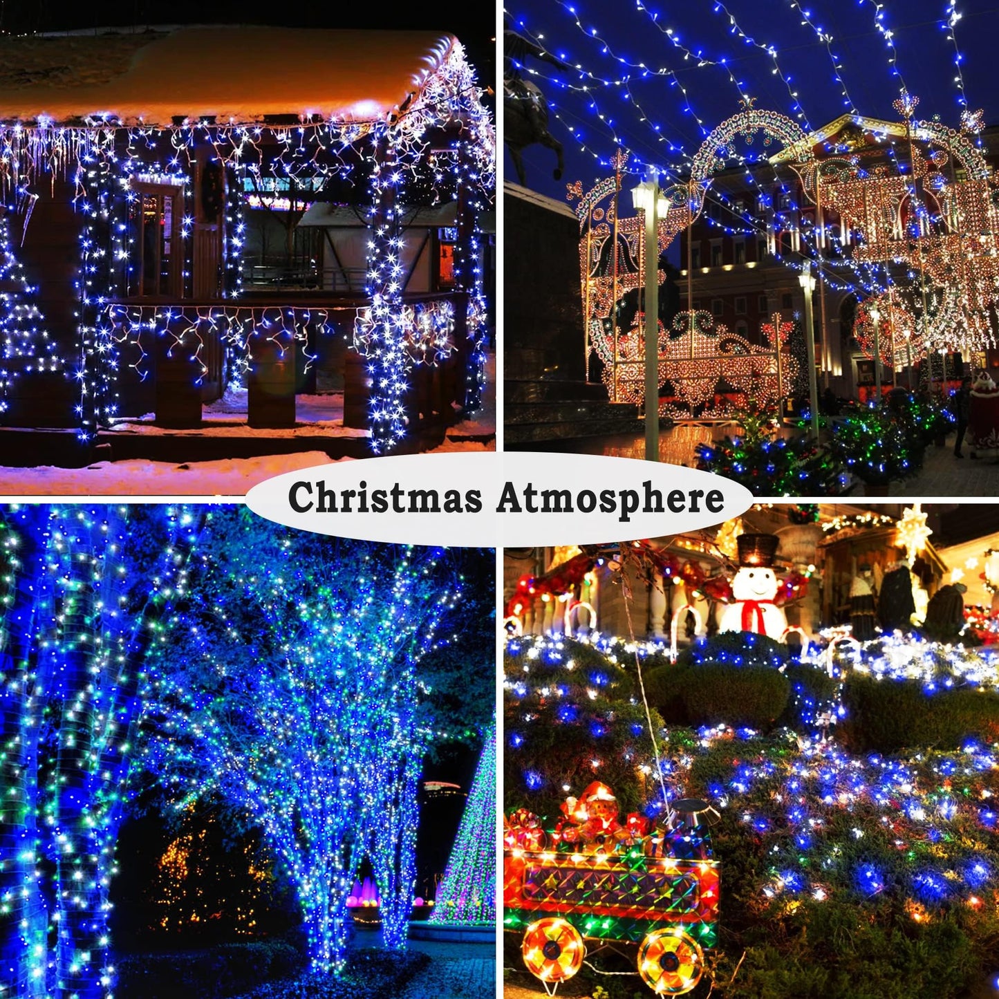 KNONEW Christmas String Lights 600ft 1500 LED Waterproof Blue and White, 8 Modes & Timer for Outdoor Decorations, Model KN-1000-LIG168-01