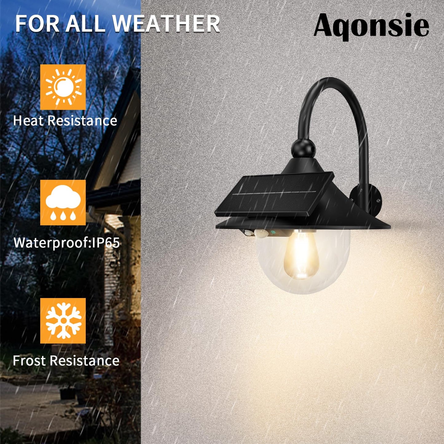 Aqonsie Solar Barn Lights Outdoor, 3 Lighting Modes, Motion Sensing, Black (2 Pack), Waterproof Metal Wall Mount