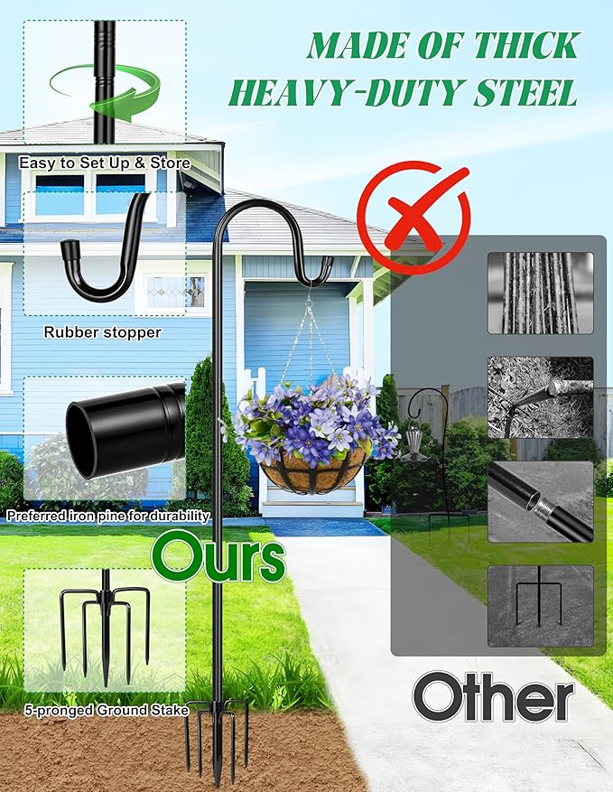 XDW-GIFTS Bird Feeder Pole for Outdoor, 2-Pack 45 Inch Shepherds Hooks Heavy Duty Garden Pole for Hanging Plant Basket, Solar Light Lanterns, Garden Plant Hanger Stands with 5 Base Prongs