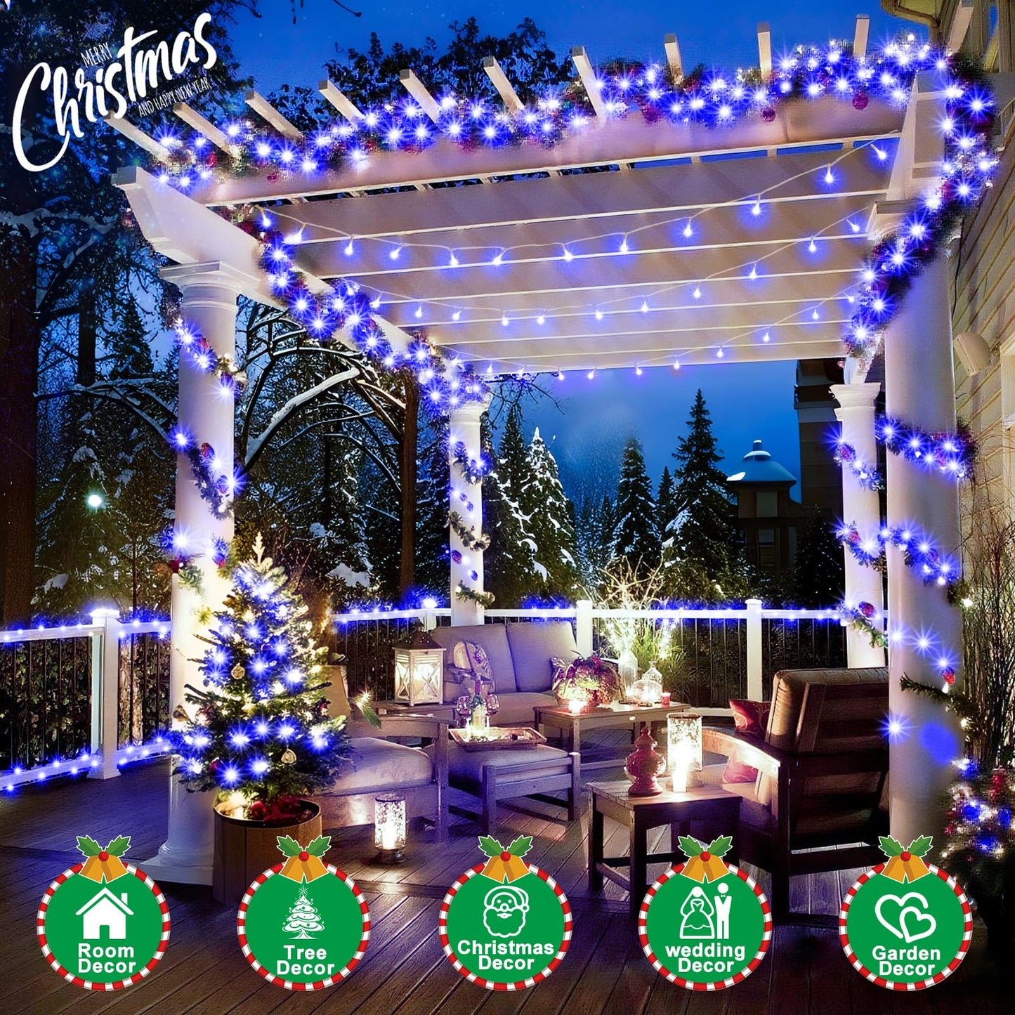 Sauirs 197Ft 500 Led Christmas Lights Outdoor String Lights With 8 Modes Timer Waterproof Fairy Light Plug In For Outside Indoor Party Xmas Palm Tree Yard Wedding Decorations(Blue)